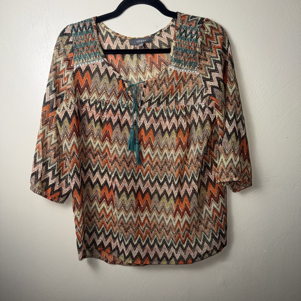 UMGEE Boho Top Shirt Womens Tribal Brown Sheer Blouse Half Sleeve Ladies Small